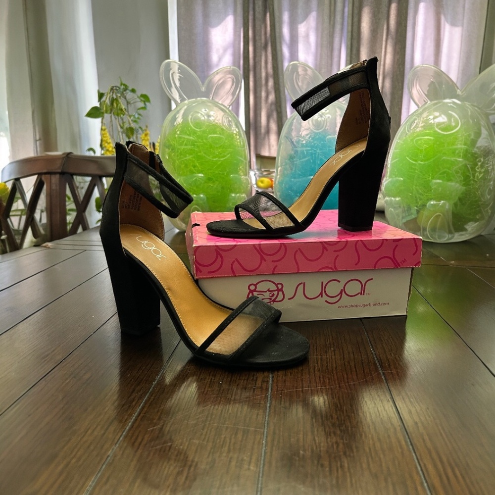 New in Box. Sugar Skylar Black Mesh Block Heel Sandal